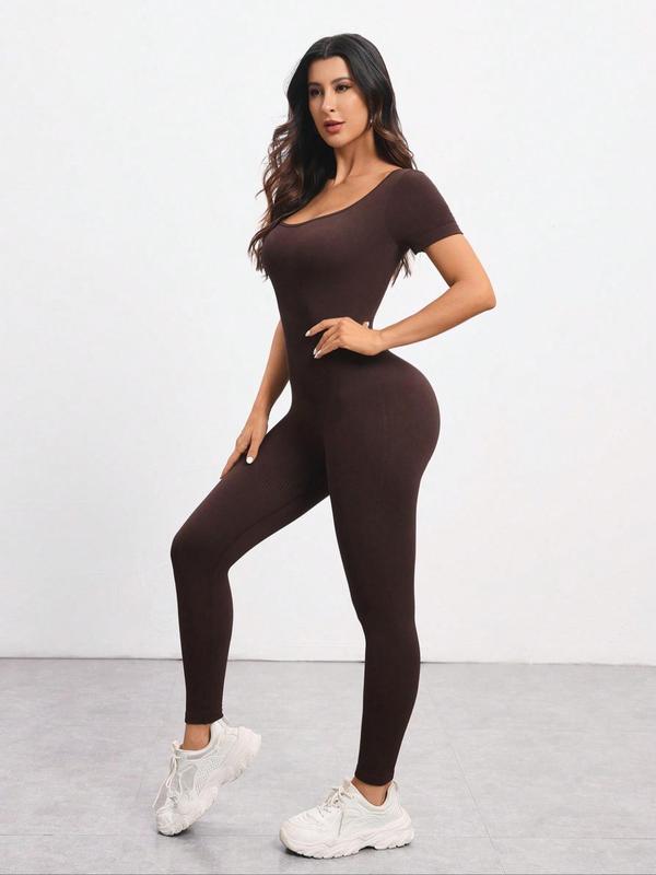 Solid Square Neck Sports Jumpsuits for Women, Casual Sporty Seamless Tummy Control Jumpsuit for Yoga Gym Workout Running, Overalls for Women, Ladies Sportswear for All Seasons