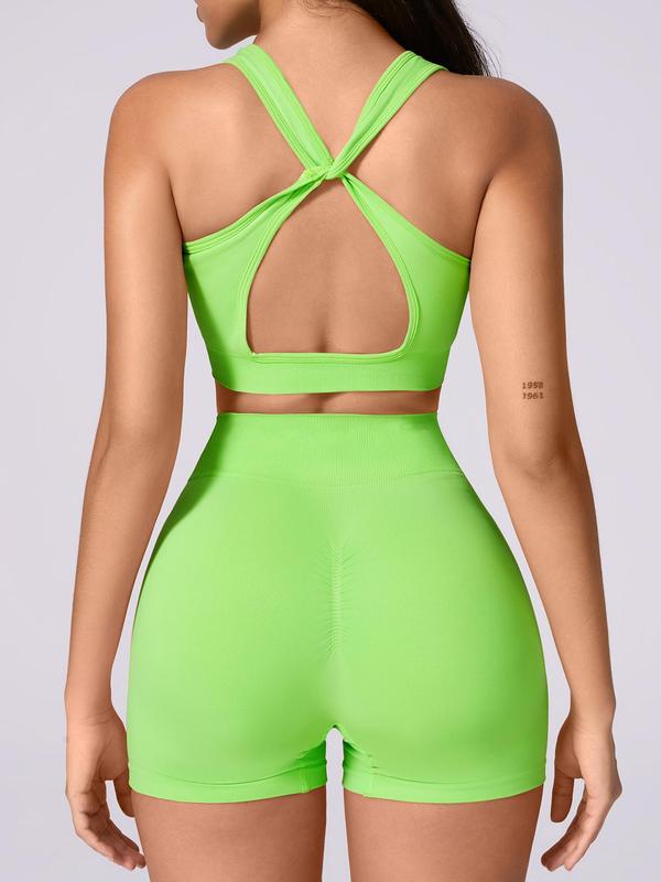 Two-Piece Set Sporty Women's Plain Criss Cross Twist Crop Tank Top & High Waist Shorts Tracksuit Set, Sport Casual Breathable Outfits for Yoga Gym Workout Running, Sports Set for Outdoor, Ladies Sportswear for All Seasons