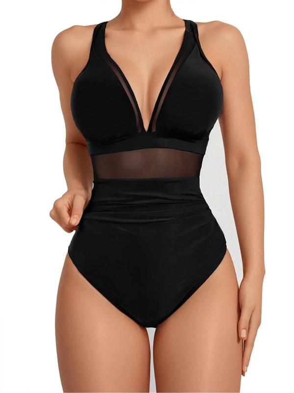 Sam Louise Exclusive Women's Solid Contrast Mesh Ruched One-piece Swimsuit, Bathing Suits Women, One Piece Swimsuits 2024, Summer Tummy Control Swimwear, Back To School High Waist Swimwear for Summer, Women's Swimsuit for Beach Holiday, Women's Clothing