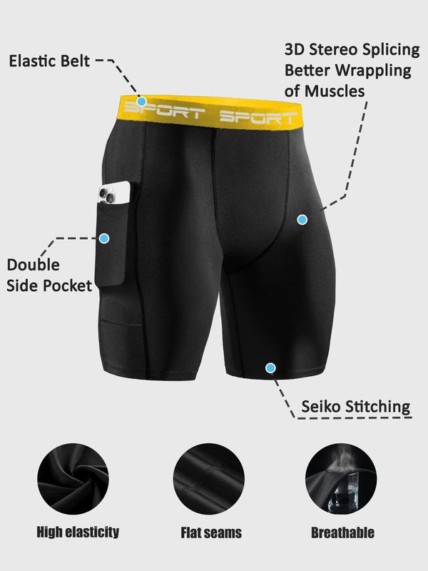 Men's Solid Compression Pocket Sports Shorts, 1 Count Quick Drying Breathable Shorts, Tight-fitting Sports Bottoms for Gym Workout Running Cycling