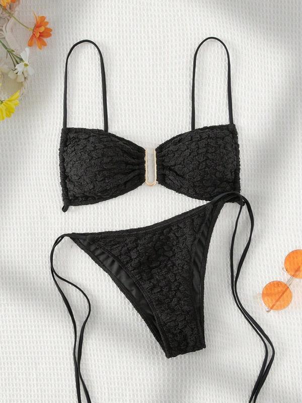 Two-Piece Set Women's Plain Textured Bikini Set, Bikini Sets Swimsuit for Women, Gothic Bikini, Solid Wireless Swim Bra with Removable Pads Design & Tie Side Swim Bottom, Summer Swimsuit for Women, Bikini Set, Bathing Suits Women