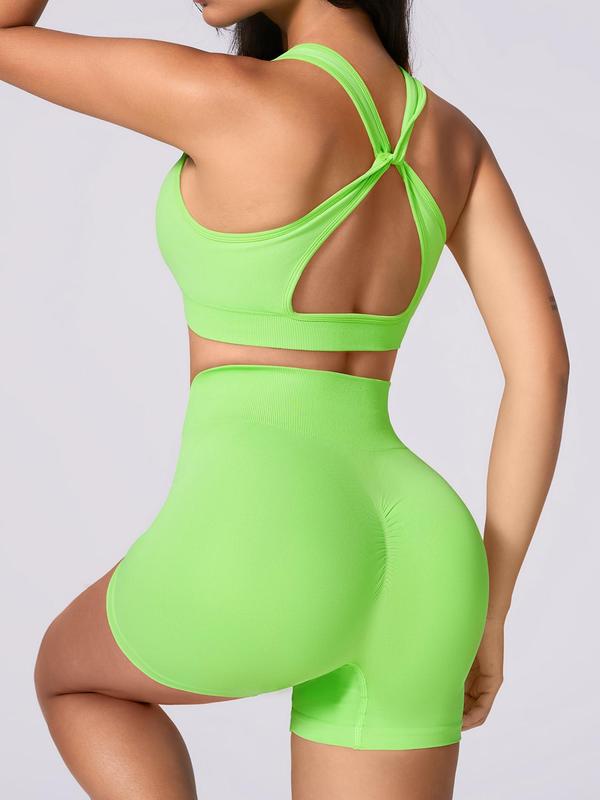 Two-Piece Set Sporty Women's Plain Criss Cross Twist Crop Tank Top & High Waist Shorts Tracksuit Set, Sport Casual Breathable Outfits for Yoga Gym Workout Running, Sports Set for Outdoor, Ladies Sportswear for All Seasons