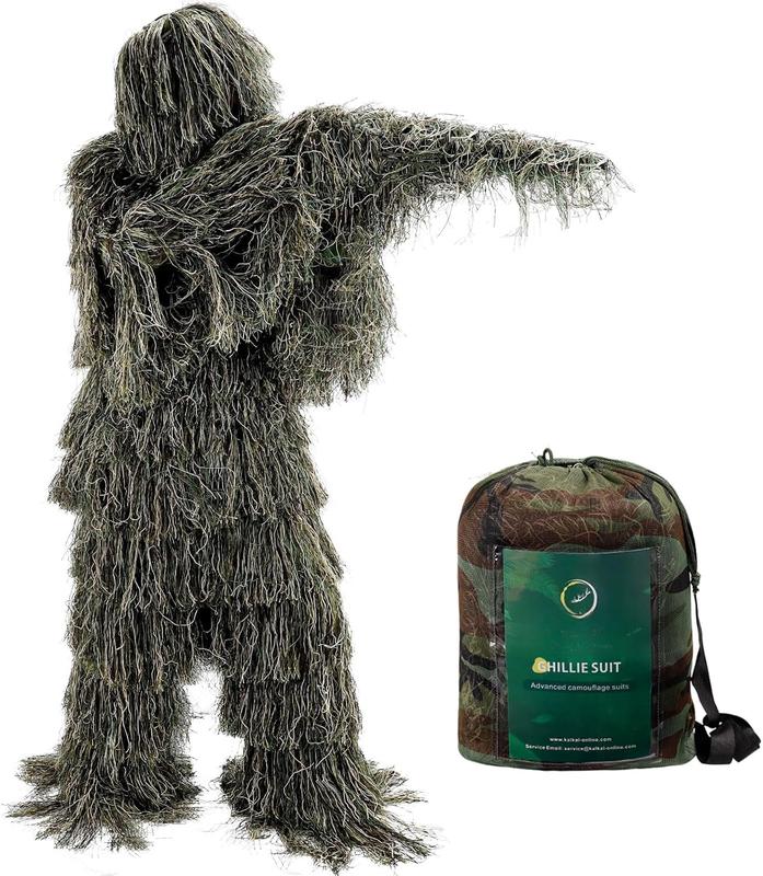 Ghillie Suit, 5 in 1 3D Camouflage Hunting Apparel for Men, Double-Stitched Design | Woodland Camo, Adults Youth Gilly Suit for Jungle Hunting Wildlife Photography Halloween