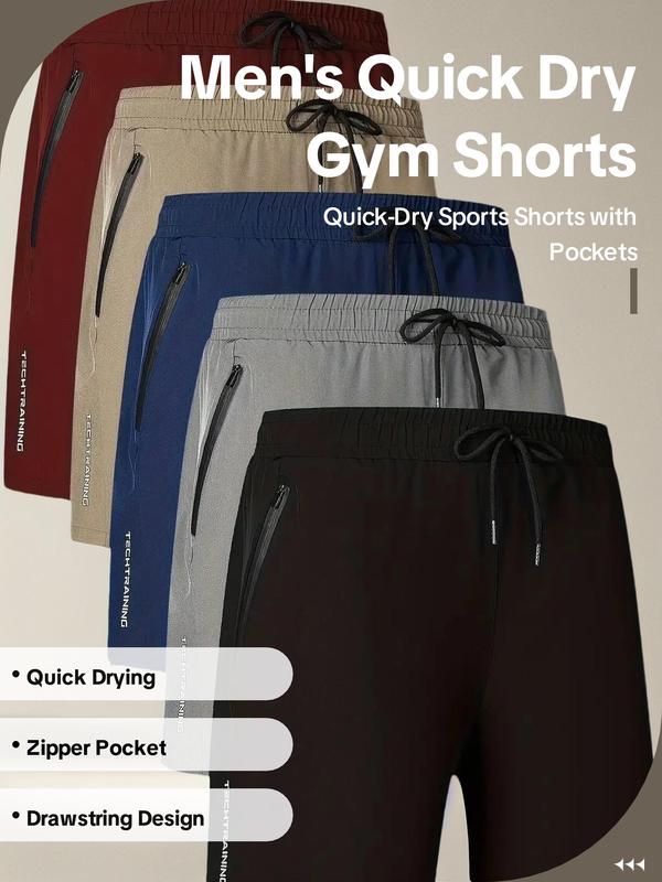 Men's Letter Print Drawstring Waist Shorts, Jogging Short, Regular Fit Quick Drying Breathable Zipper Pocket Shorts, Men's Shorts for Daily Wear