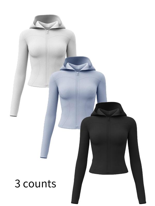 Women's Solid Zip Up Hooded Sports Coat, Long Sleeve Thumb Hole Sports Outerwear for Yoga Gym Workout, Ladies Sportswear for All Seasons