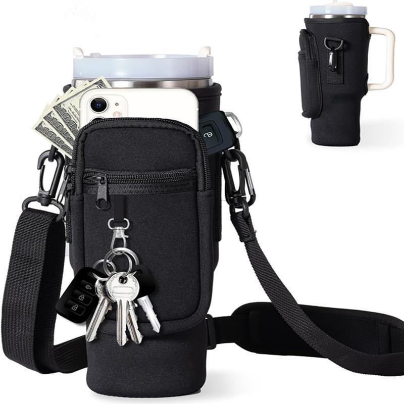 Tumbler Carrier Bag with Phone Pocket, 1 Count Portable Water Bottle Bag with Carabiner & Adjustable Strap, Summer Water Bottle Holder for Outdoor Sports