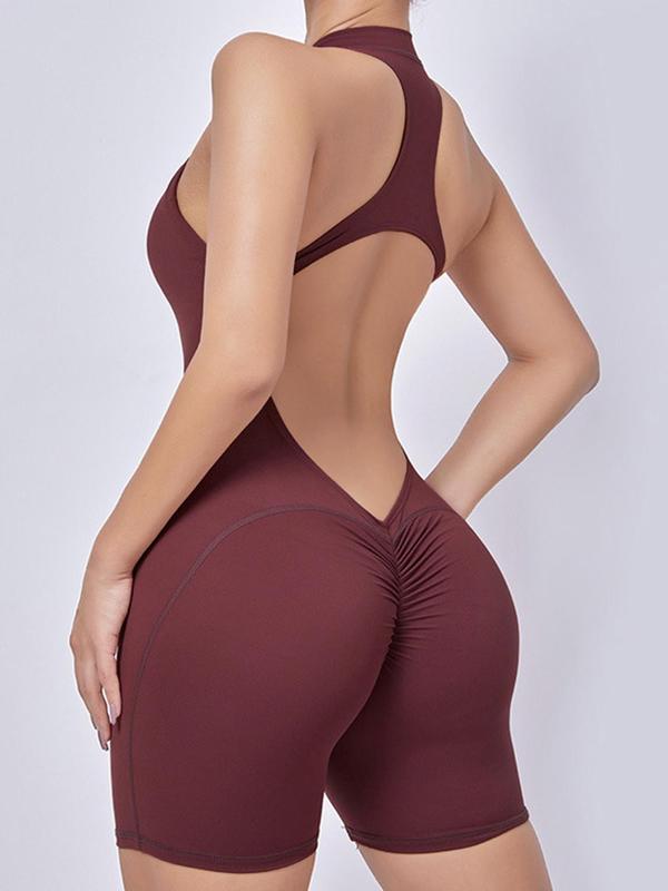 Women's Solid Ruched Backless Sports Tummy Control Jumpsuit, Halter Neck Zipper Sleeveless Jumpsuit for Gym Workout Running, Back To School Sports Outfits, Ladies Sportswear, Fall Outfits, Fallfreshness