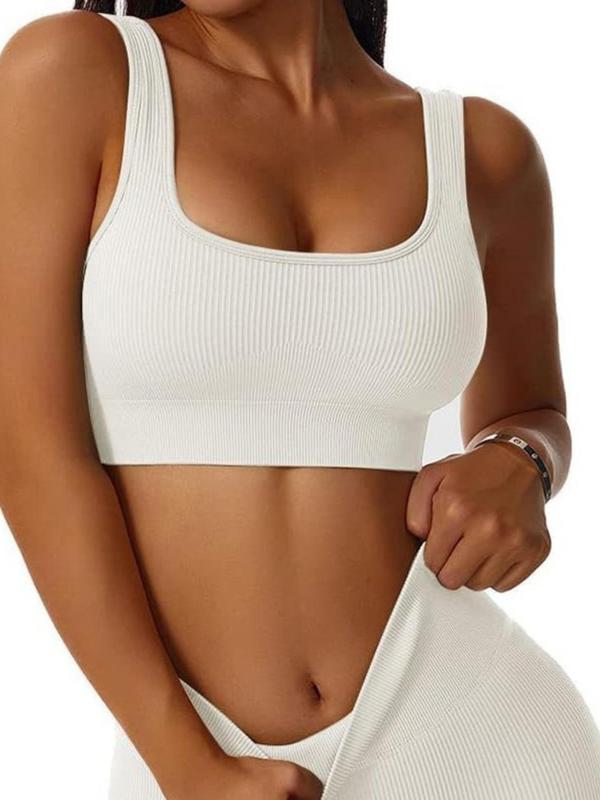 Women's Solid Ribbed Removable Pads Sports Bra, Fall Outfits, Fallfreshness Breathable Comfortable Square Neck Sports Vest, Ladies Sportswear for Indoor Outdoor Wear, Gym Top for Women, Bras for Women