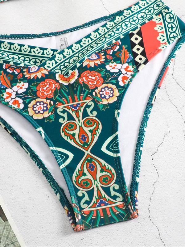 Women's Ethnic Floral Print Wrapped Bikini Set, Boho Sleeveless Criss Cross Swim Top & Swim Bottom, Summer Swimwear for Beach Vacation