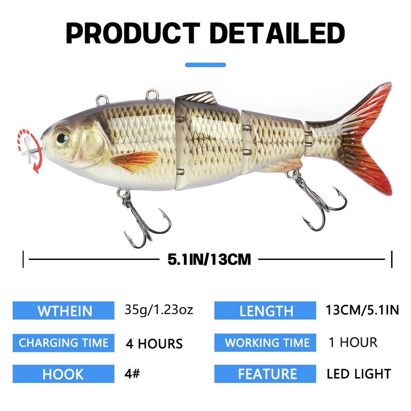 HADORAM Robotic Swimming Lure 5.1” Fishing Lure 4-Segement Multi Jointed Swimbait Electric Bait LED Light USB Rechargeable Robotic Lure for Bass Trout Pike Fishing Tackle…