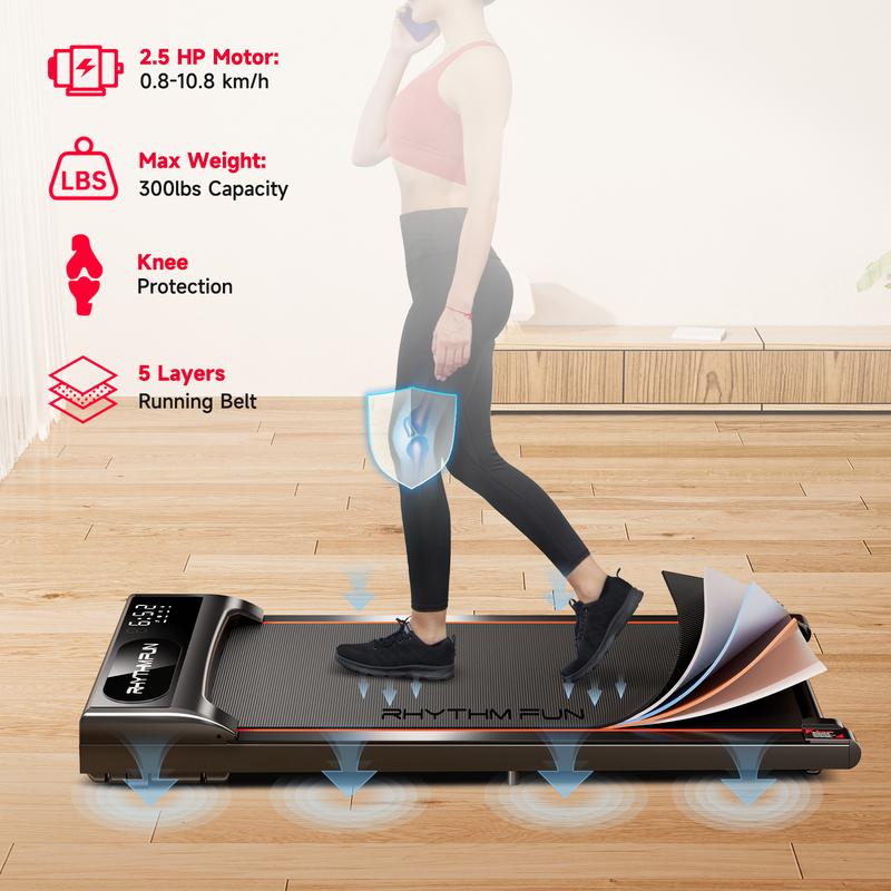 RHYTHM FUN Under Desk Treadmill 2-in-1 Walking Pad for Home and Office 300 Lbs Portable Treadmill with Remote Control Low Noise and Indoor Use in LED Display