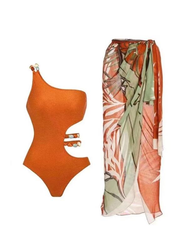 Two-Piece Set Women's Cut Out Leaf Print Swimsuit, One Shoulder One-Piece Swimsuit & Tie Front Cover Up Skirt, Boho Swimsuit for Summer, Women's Swimwear for Beach