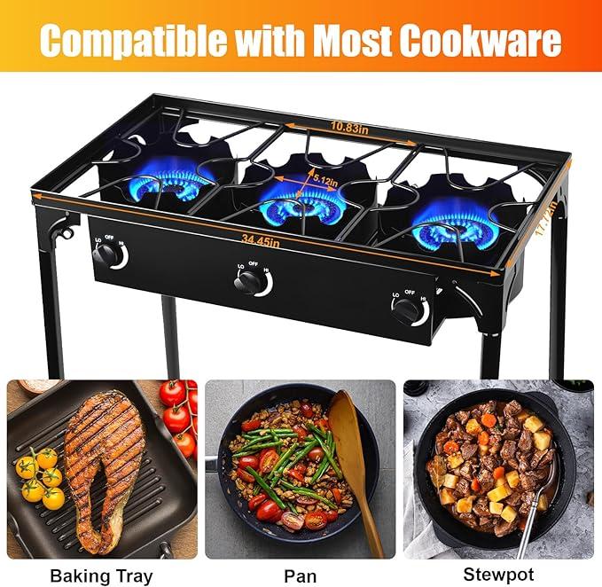 Outdoor Stove 3 Burners High Pressure Propane Gas Camp Stove with Detachable Legs, Perfect for Camping Patio, 225,000-BTU