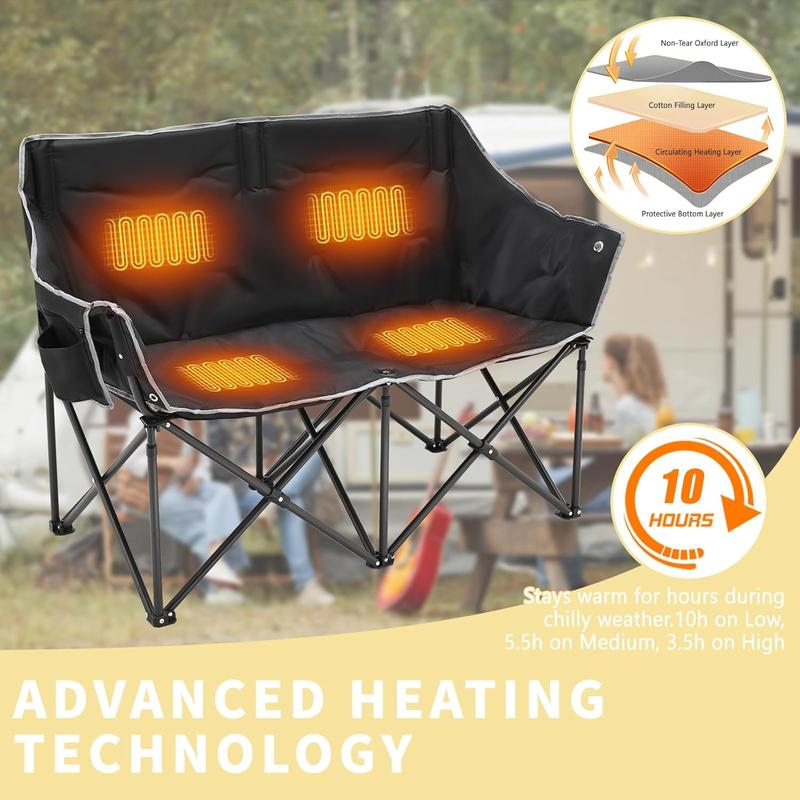 MOPHOTO Double Heated Camping Chair, 2-Person Folding Loveseat Portable Heated Chairs with 3 Heat Levels, Patio Lounge Chairs Folding Lawn Chair Outdoor Chair for Outdoor Sports Camping