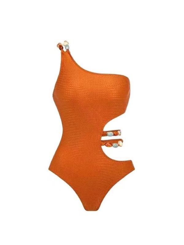 Two-Piece Set Women's Cut Out Leaf Print Swimsuit, One Shoulder One-Piece Swimsuit & Tie Front Cover Up Skirt, Boho Swimsuit for Summer, Women's Swimwear for Beach