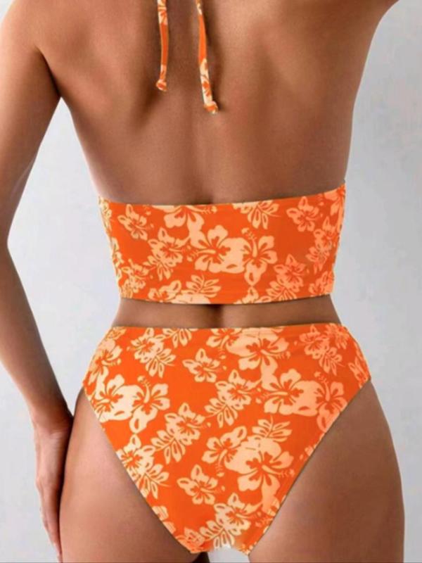 Two-piece Set Women's Floral Print Halter Neck Tie Back Bikini Top & High Cut Swim Bottom Set, Casual Fashion Chic Swimwear Set for Beach Holiday Vacation, Ladies Swimsuit for All Seasons