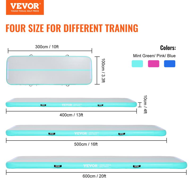 VEVOR Gymnastics Air Mat, 4 inch Thickness Inflatable Gymnastics Tumbling Mat, Tumble Track with Electric Pump, Training Mats for Home Use Gym Yoga Cheerleading Beach Park Water, 10 ft, Mint Green