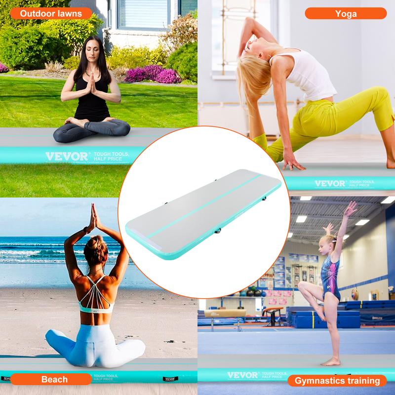 VEVOR Gymnastics Air Mat, 4 inch Thickness Inflatable Gymnastics Tumbling Mat, Tumble Track with Electric Pump, Training Mats for Home Use Gym Yoga Cheerleading Beach Park Water, 10 ft, Mint Green