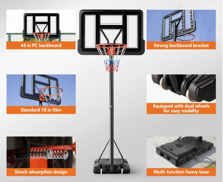 Adjustable Basketball Hoop, 4.2-10ft Height, 44