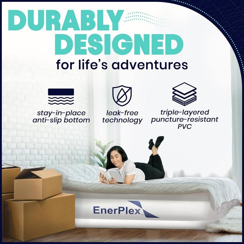 Air Mattress with Built-in Pump - Double Height Inflatable Mattress for Camping, Home & Portable Travel - Durable Blow Up Bed with Dual Pump - Easy to Inflate Quick Set UP