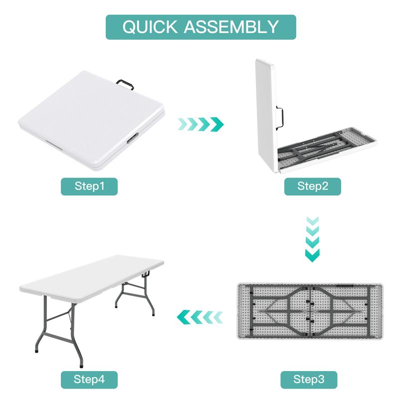 6ft Plastic Folding Table with Handle, Lock - White, for Camping, Party, and Picnic