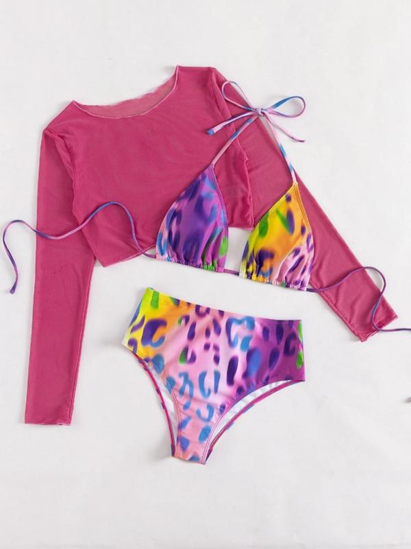 Three-Piece Set Women's All Over Print Tie Back Bikinis for Summer 2024, Beach Outfits, Long Sleeve Round Neck Crop Tee & Triangle Swim Bra & Swim Panty for Summer, Ladies Swimsuit for Beach Holiday Vacation, Bikinis Summer 2024