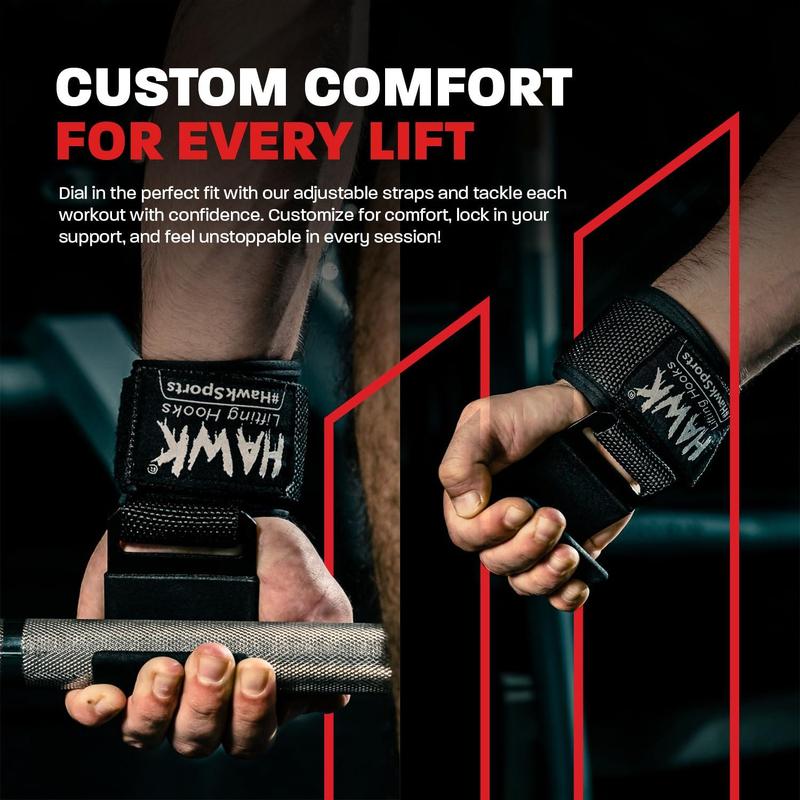 HWK Weightlifting Hooks with Wrist Straps for Men & Women, Black, Padded Lifting Hooks with Heavy Duty Lifting Straps Ideal for Weightlifting, Bodybuilding & Powerlifting Weights up to 700lbs