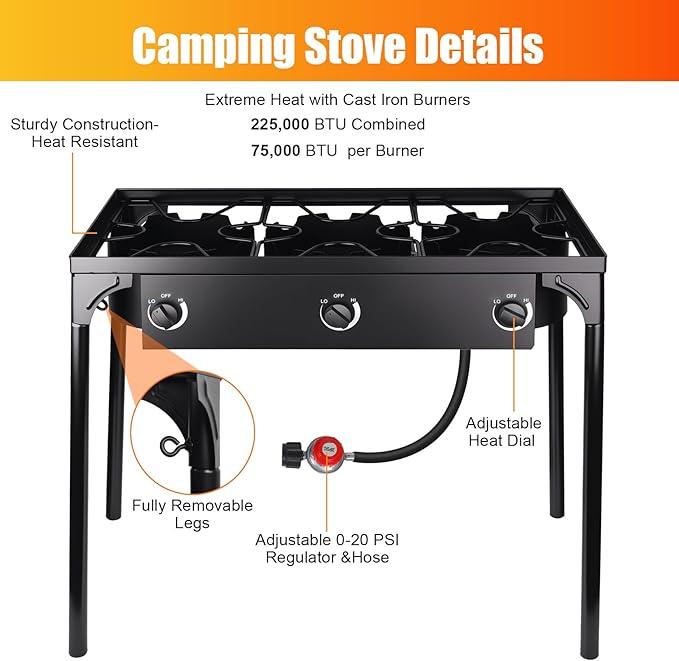 Outdoor Stove 3 Burners High Pressure Propane Gas Camp Stove with Detachable Legs, Perfect for Camping Patio, 225,000-BTU