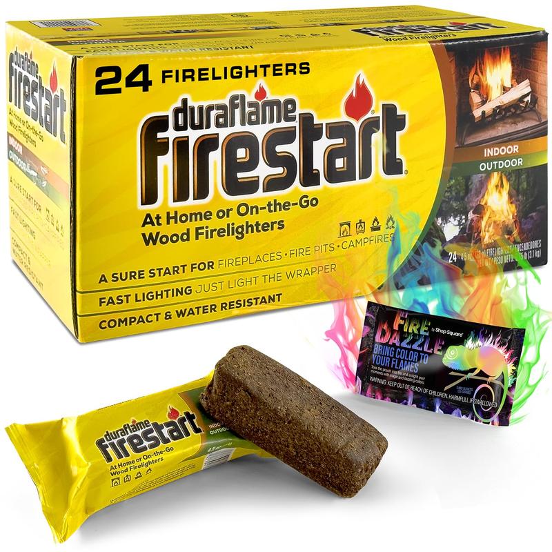 Fire Starter for Indoor and Outdoor Use - Quick Ignition Fire Logs for BBQ, Fireplace, Fire Pit and Campfires (24 Pack) - Fire Starters for Campfires with 1 Bonus Fire Color Changing Packet