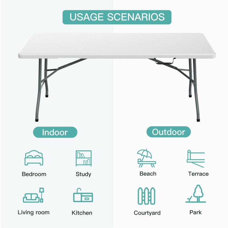 6ft Plastic Folding Table with Handle, Lock - White, for Camping, Party, and Picnic