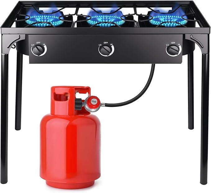 Outdoor Stove 3 Burners High Pressure Propane Gas Camp Stove with Detachable Legs, Perfect for Camping Patio, 225,000-BTU