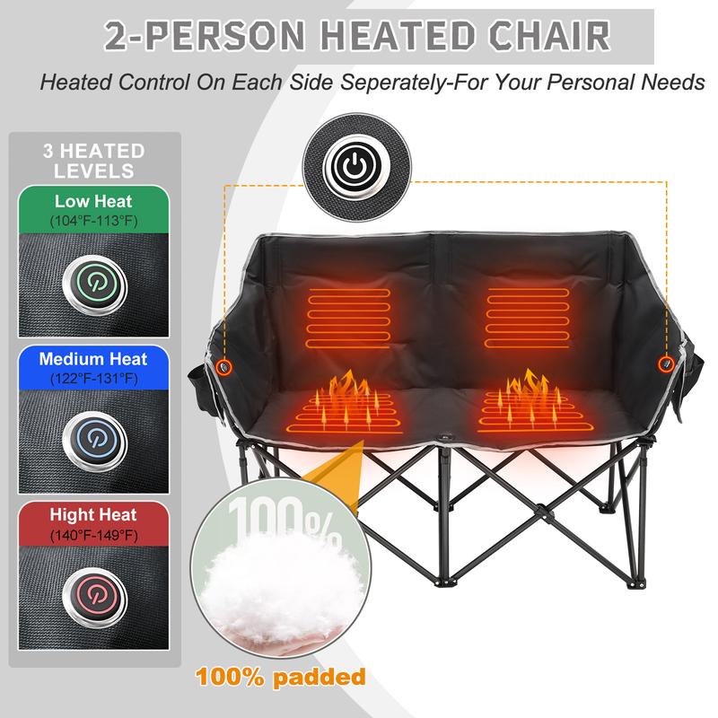 MOPHOTO Double Heated Camping Chair, 2-Person Folding Loveseat Portable Heated Chairs with 3 Heat Levels, Patio Lounge Chairs Folding Lawn Chair Outdoor Chair for Outdoor Sports Camping