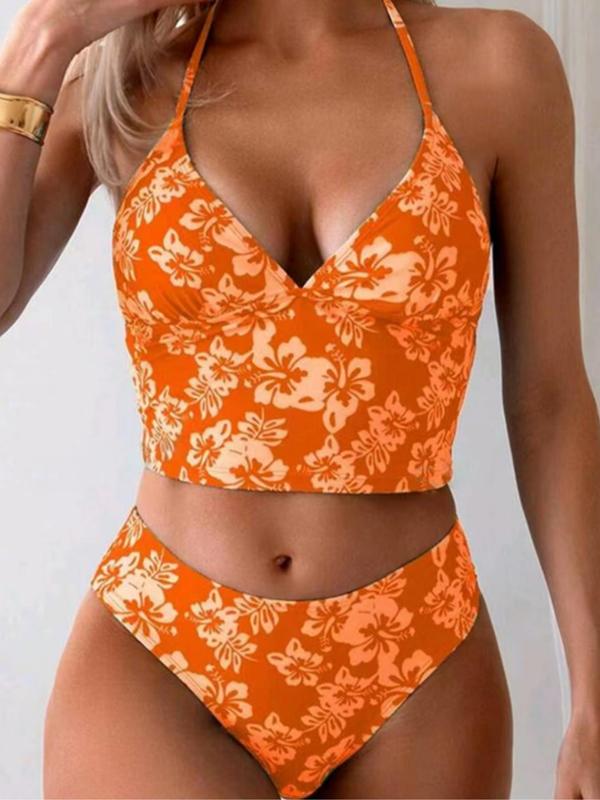 Two-piece Set Women's Floral Print Halter Neck Tie Back Bikini Top & High Cut Swim Bottom Set, Casual Fashion Chic Swimwear Set for Beach Holiday Vacation, Ladies Swimsuit for All Seasons