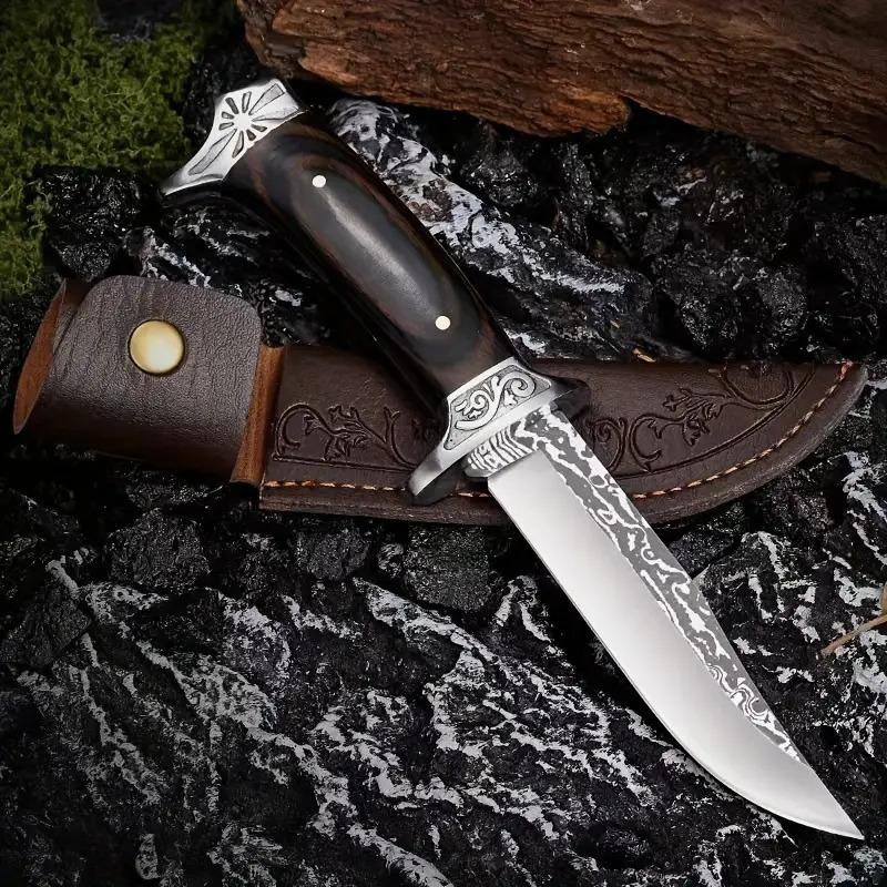 Quality High Carbon Steel Multi-purpose Knife, Vintage Carved Leather Case, Multi-function Kitchen Knife leather sheath knife