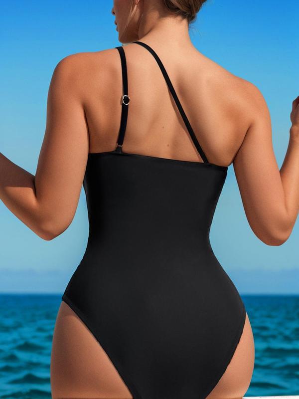 Women's Cut Out Ruched One Shoulder One-pieces Swimsuit, Bathing Suits 2024 for Women Summer Tummy Control Swimwear, Adjustable Strap Summer One-pieces Swimwear, Back To School Swimsuits, Ladies Swimsuit for Summer Beach Holiday