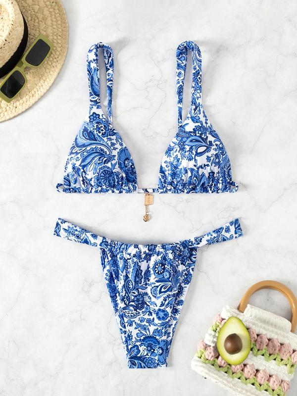 Two-Piece Set Women's Floral Print Bikini Set, Casual Fashion Chic Tie Back Triangle Swim Bra & Swim Panty Two-piece Swimsuit for Summer, Ladies Swimwear for Beach Holiday Vacation