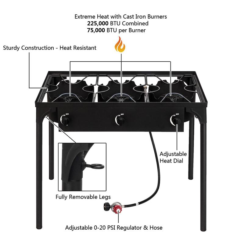 3 Burner Outdoor Portable Propane Stove Gas Cooker, Heavy Duty Iron Cast Patio Burner with Detachable Stand Legs for Camp Cooking (3-Burner 225,000-BTU)