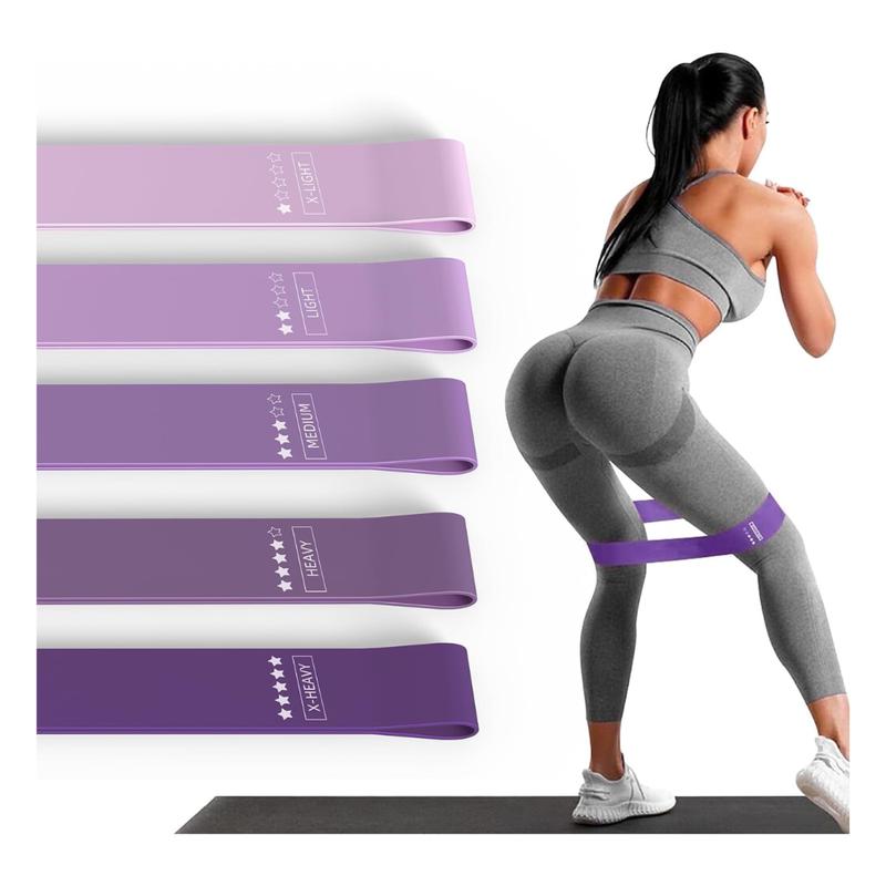 Resistance loop exercise bands set of 5 for home fitness. Perfect for stretching, strength training, and physical therapy. Suitable for all ages!