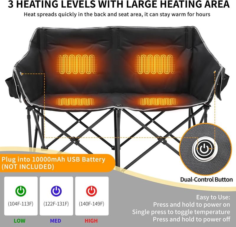 MOPHOTO Double Heated Camping Chair, 2-Person Folding Loveseat Portable Heated Chairs with 3 Heat Levels, Patio Lounge Chairs Folding Lawn Chair Outdoor Chair for Outdoor Sports Camping