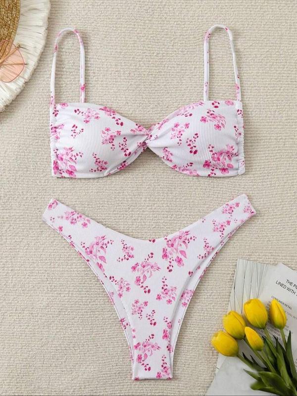 Two-Piece Set Women's Ditsy Floral Print Twist Backless Bikini Set, Spaghetti Strap Tie Back Swim Top & High Cut Swim Bottom, Summer Outfits 2024, Ladies Swimwear