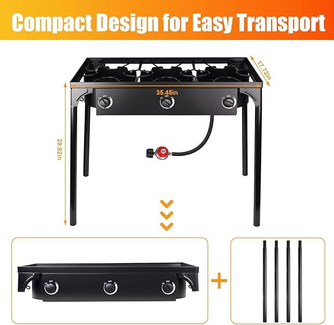 Outdoor Stove 3 Burners High Pressure Propane Gas Camp Stove with Detachable Legs, Perfect for Camping Patio, 225,000-BTU