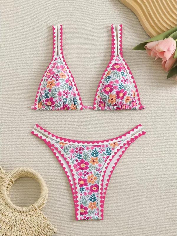 Women's Floral Print Tie Back Bikinis Set, Casual Sleeveless Triangle Swim Bra & High Cut Swim Bottom, Swimsuit for Women, Chic Ladies Bathing Suit for Summer Beach