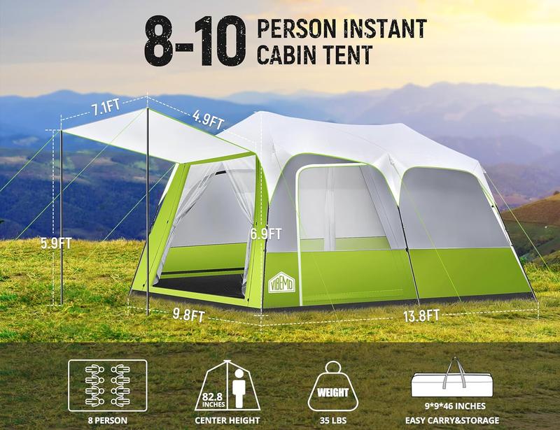 8 10 Person Camping Tent, Pop-Up Family Tent for Instant Easy Setup, Spacious Interior, Includes Rainfly, Room Divider, Carry Bag, Backpacking Tents for Camping, Hiking, Sleepovers