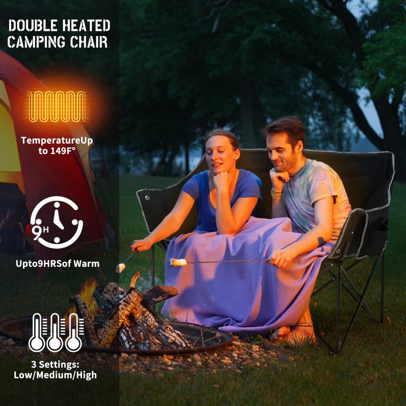 MOPHOTO Double Heated Camping Chair, 2-Person Folding Loveseat Portable Heated Chairs with 3 Heat Levels, Patio Lounge Chairs Folding Lawn Chair Outdoor Chair for Outdoor Sports Camping