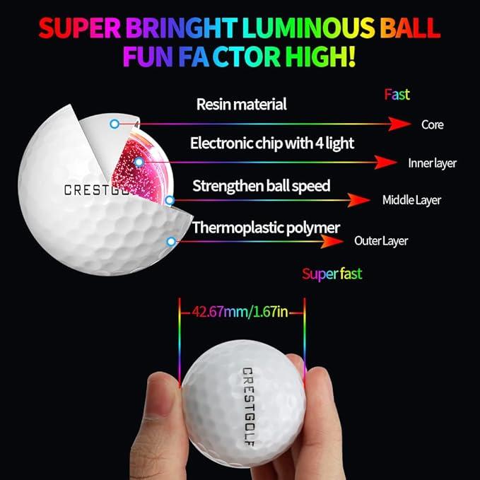 Glow in The Dark Golf Balls  with 4 Lights 12-Minute Reset Timer Super Bright in Dark Light Up LED Golf Balls for Night & Golf Gift for Golfer Christmas (Mixed Color,6pcs)