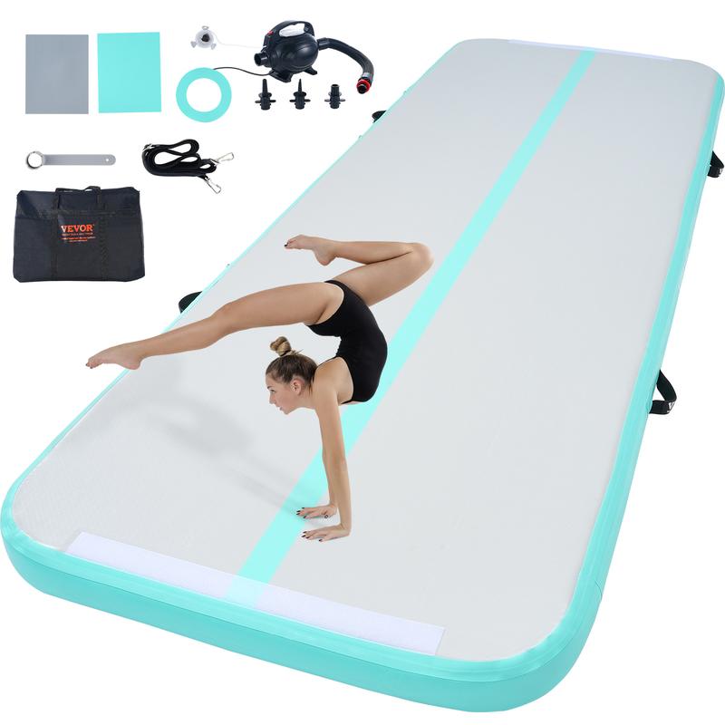 VEVOR Gymnastics Air Mat, 4 inch Thickness Inflatable Gymnastics Tumbling Mat, Tumble Track with Electric Pump, Training Mats for Home Use Gym Yoga Cheerleading Beach Park Water, 10 ft, Mint Green