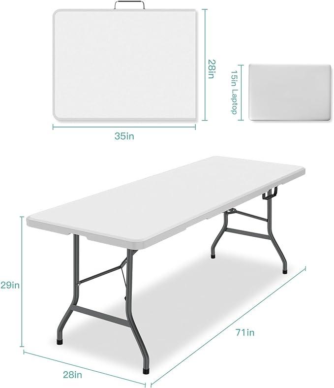 6ft Plastic Folding Table with Handle, Lock - White, for Camping, Party, and Picnic