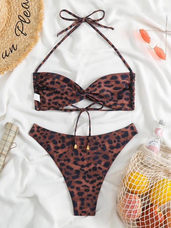 Two-Piece Set Women's Leopard Print Bikini Sets, Sexy Twist Halter Tie Back Swim Top & Swim Thong Swimsuit Set, Bathing Suits 2024 for Women, Ladies Summer Swimsuit, Women's Swimwear