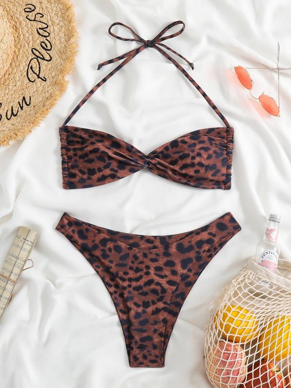 Two-Piece Set Women's Leopard Print Bikini Sets, Sexy Twist Halter Tie Back Swim Top & Swim Thong Swimsuit Set, Bathing Suits 2024 for Women, Ladies Summer Swimsuit, Women's Swimwear