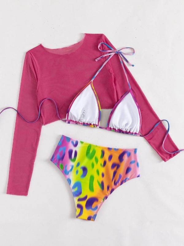 Three-Piece Set Women's All Over Print Tie Back Bikinis for Summer 2024, Beach Outfits, Long Sleeve Round Neck Crop Tee & Triangle Swim Bra & Swim Panty for Summer, Ladies Swimsuit for Beach Holiday Vacation, Bikinis Summer 2024